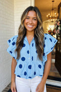 Polka Dot Ruffled Buttoned Collared Blouse