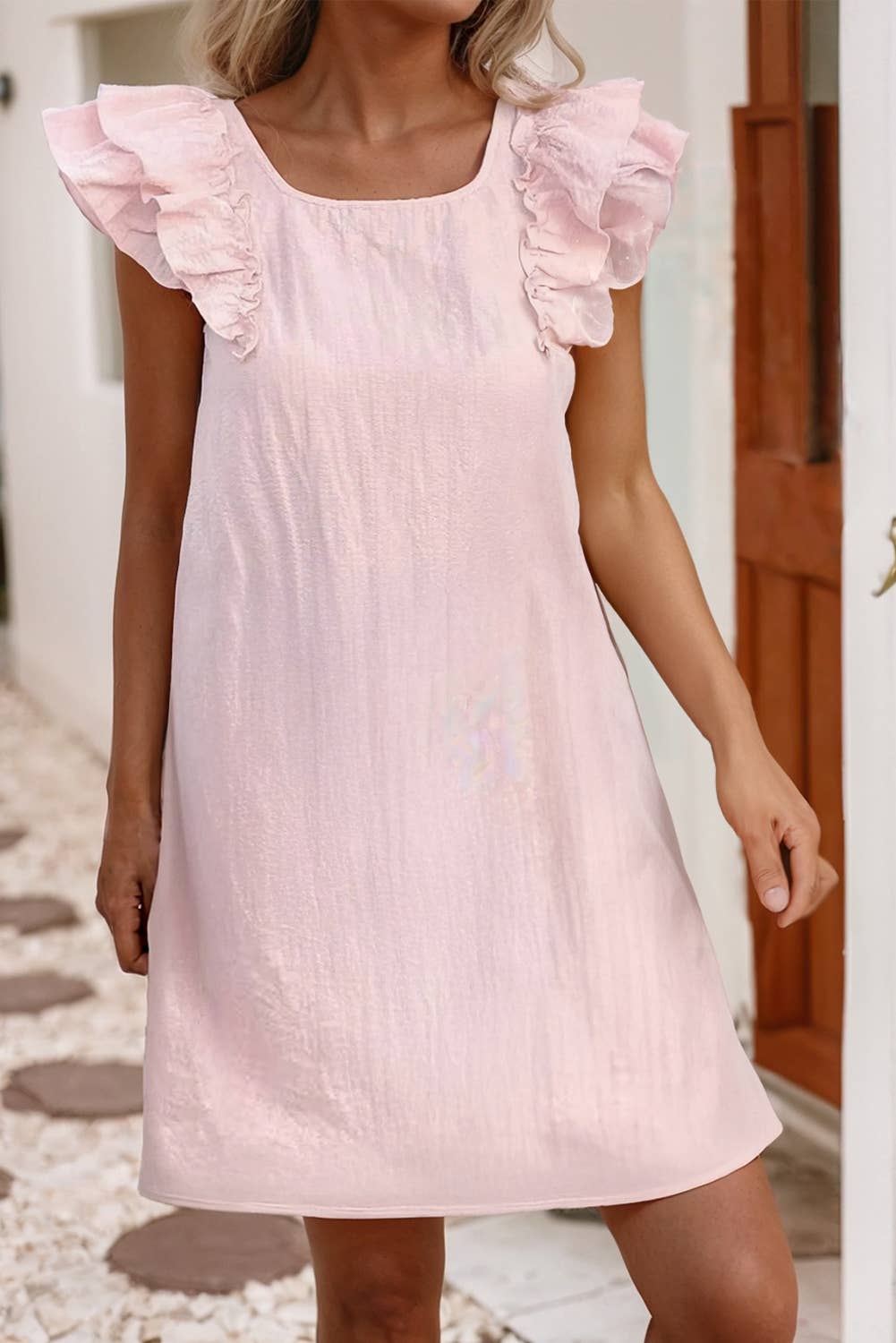 Textured Bow Back Flutter Sleeve Mini Dress