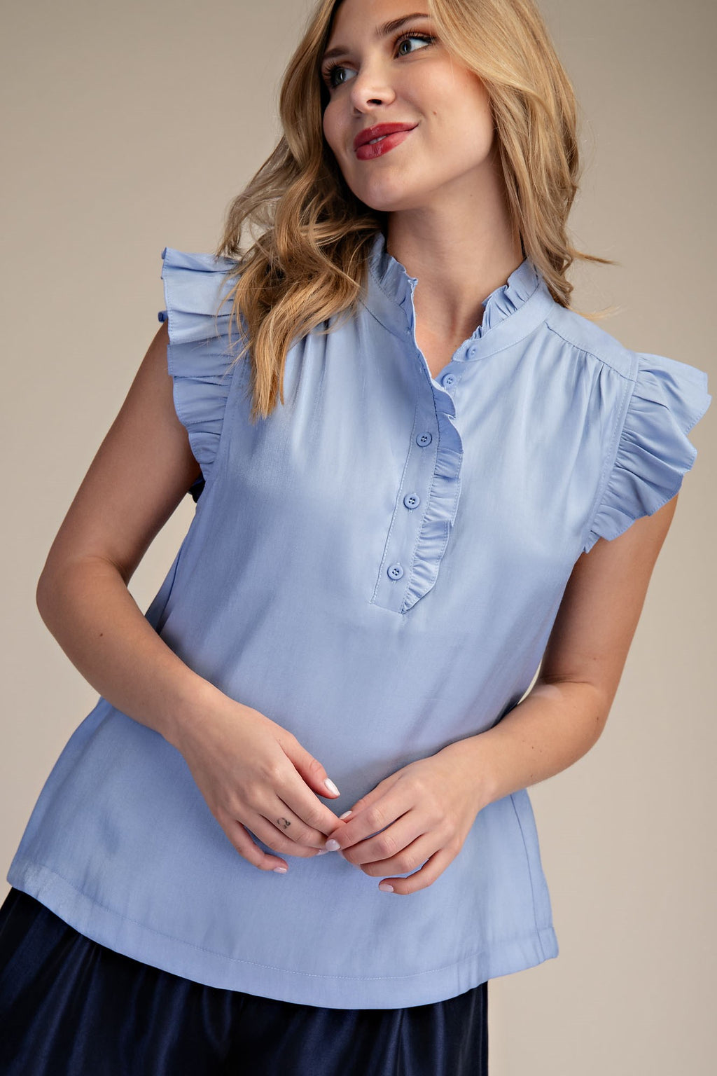 Blue Skies Ruffle Neck Top