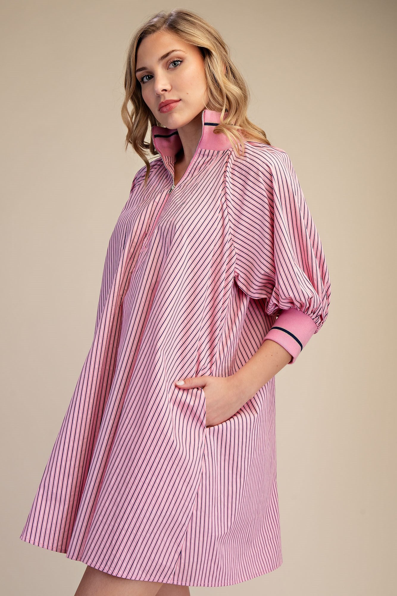 Striped Mock Neck Puff Sleeve Mini Dress