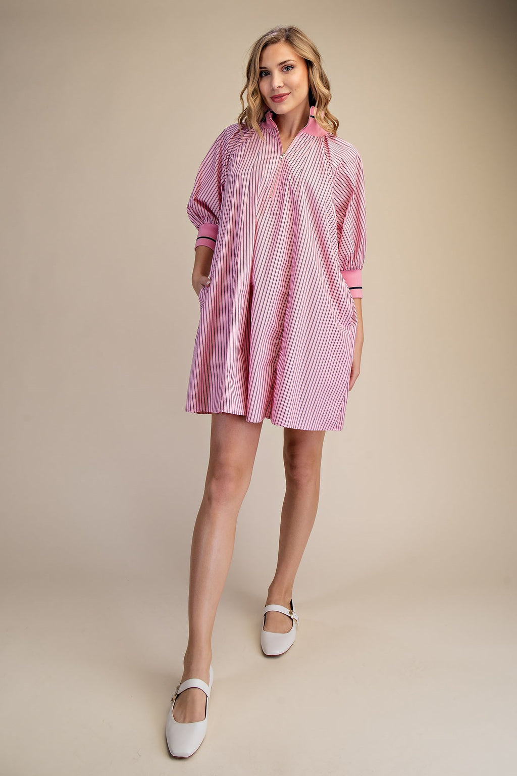 Striped Mock Neck Puff Sleeve Mini Dress