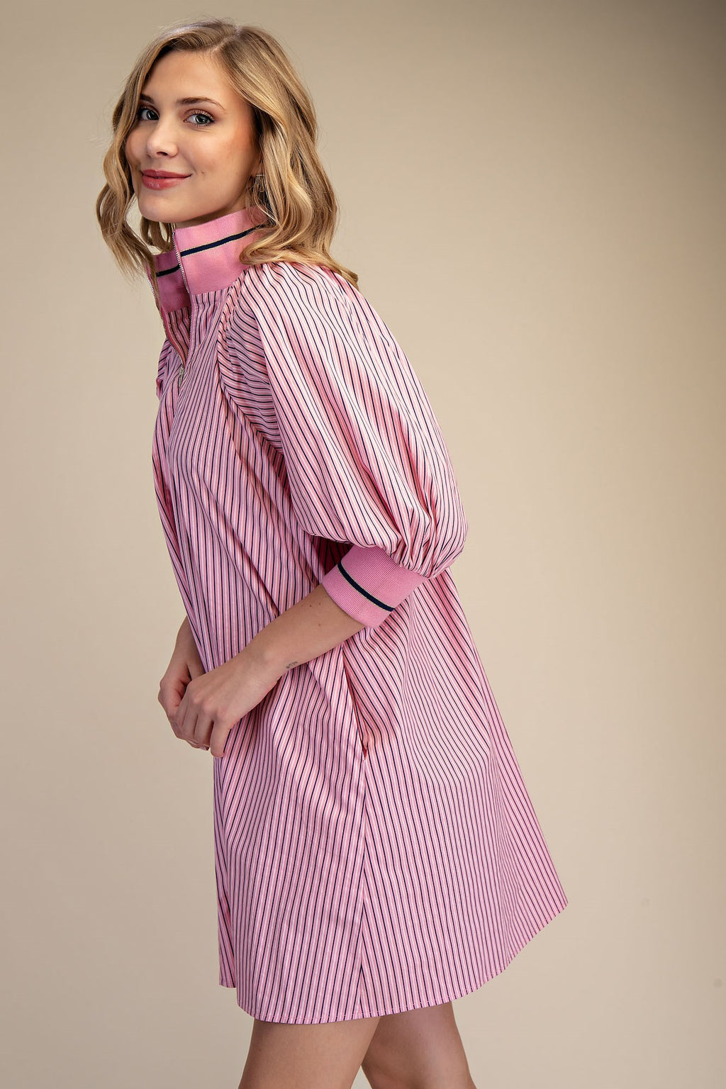 Striped Mock Neck Puff Sleeve Mini Dress