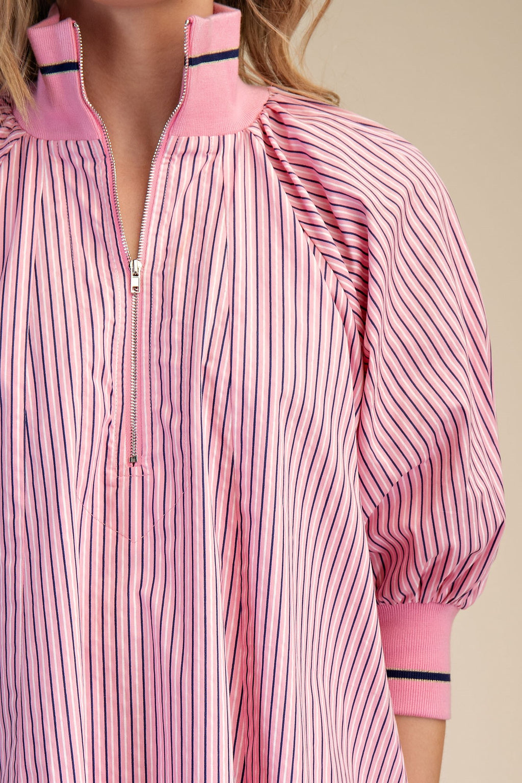 Striped Mock Neck Puff Sleeve Mini Dress