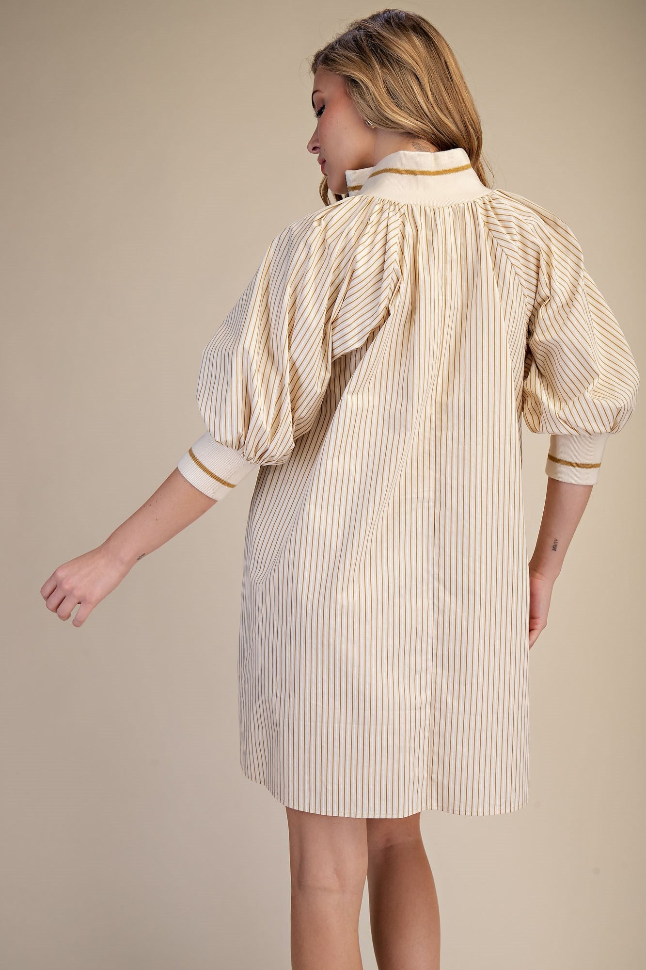 Striped Mock Neck Puff Sleeve Mini Dress