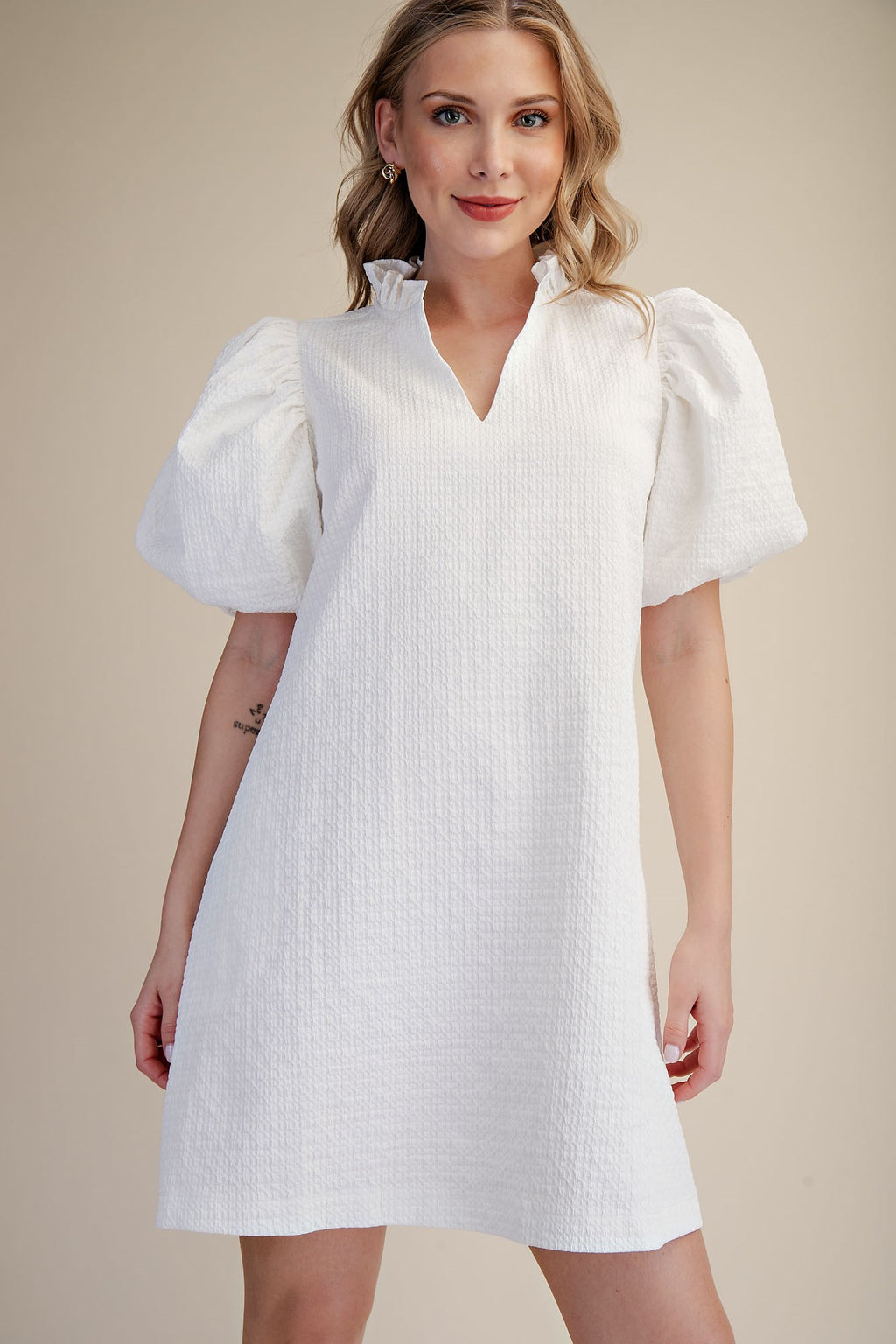 Textured Ruffle Sleeve Mini Dress