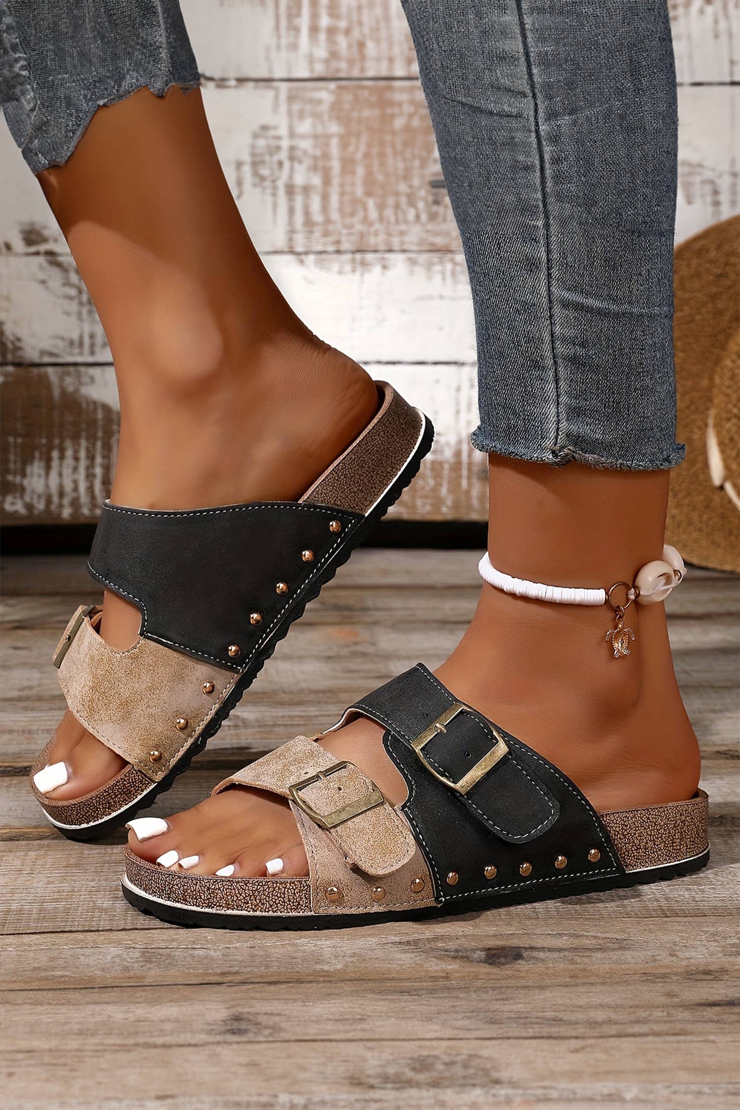 Western Suede Rivet Slip-On Sandals