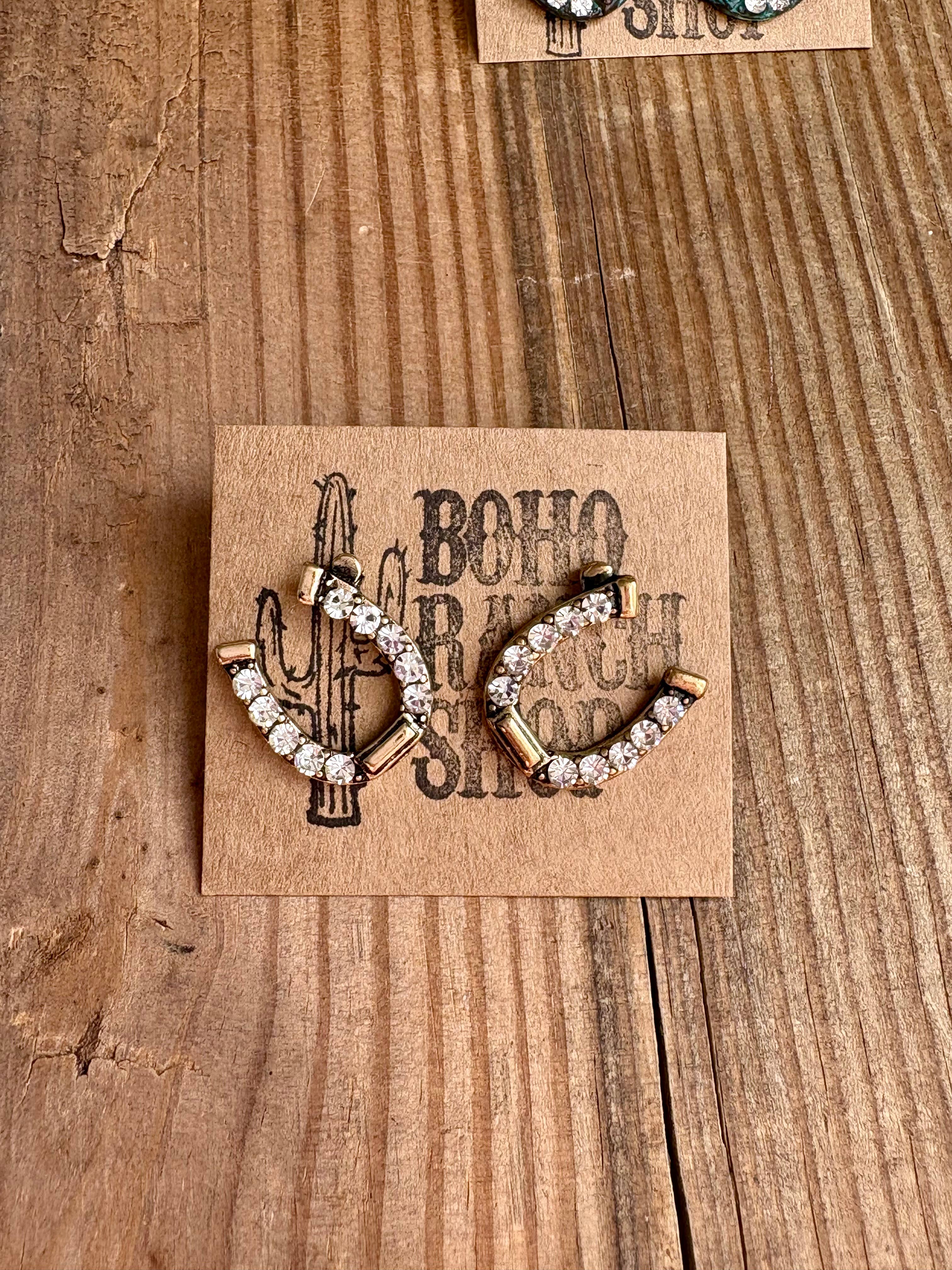 Western Horseshoe Stud Rhinestone Earrings