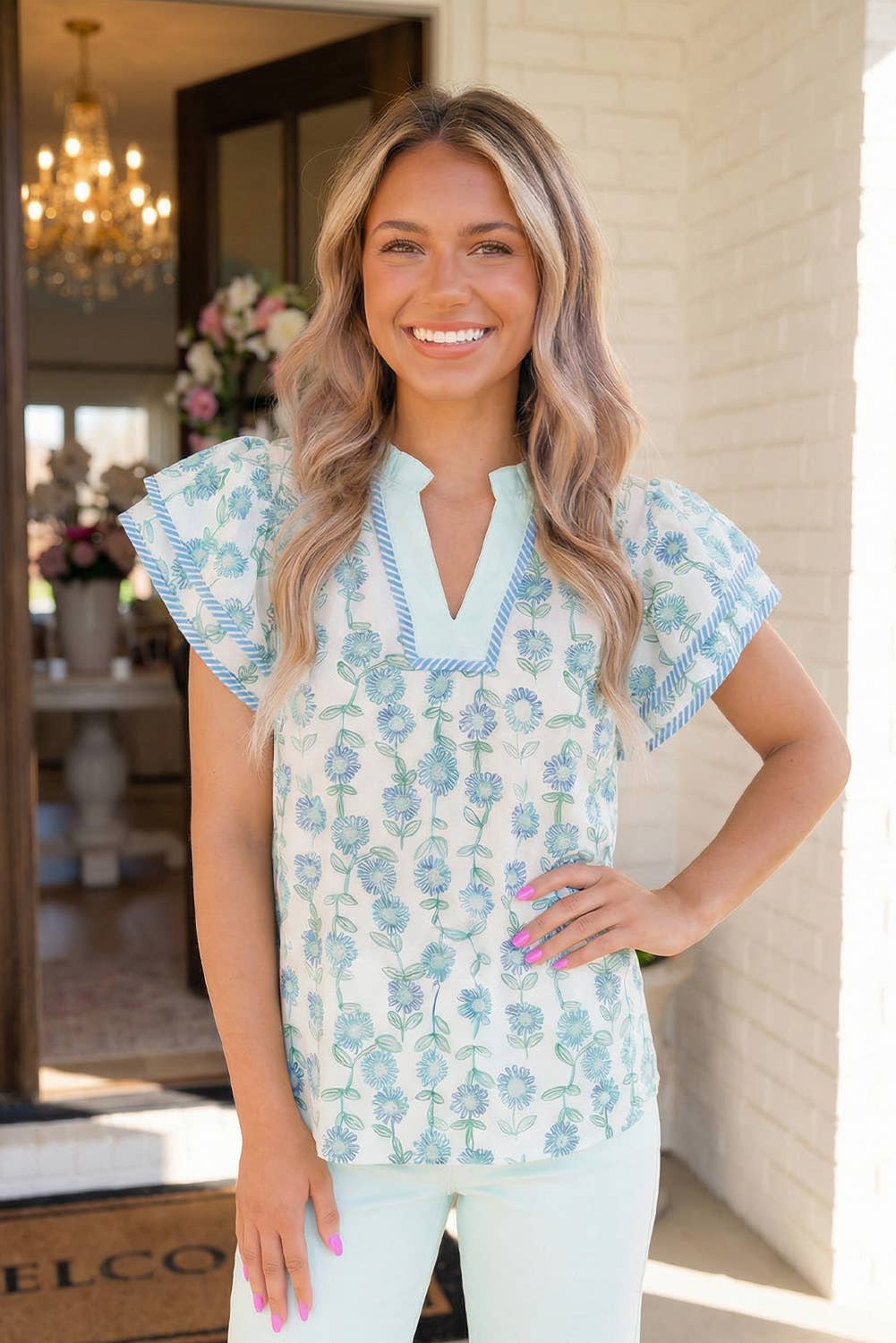 Floral Flutter Sleeve V-Neck Top