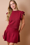 Ruffle Shoulder Sweater Top & Flare Skirt Set