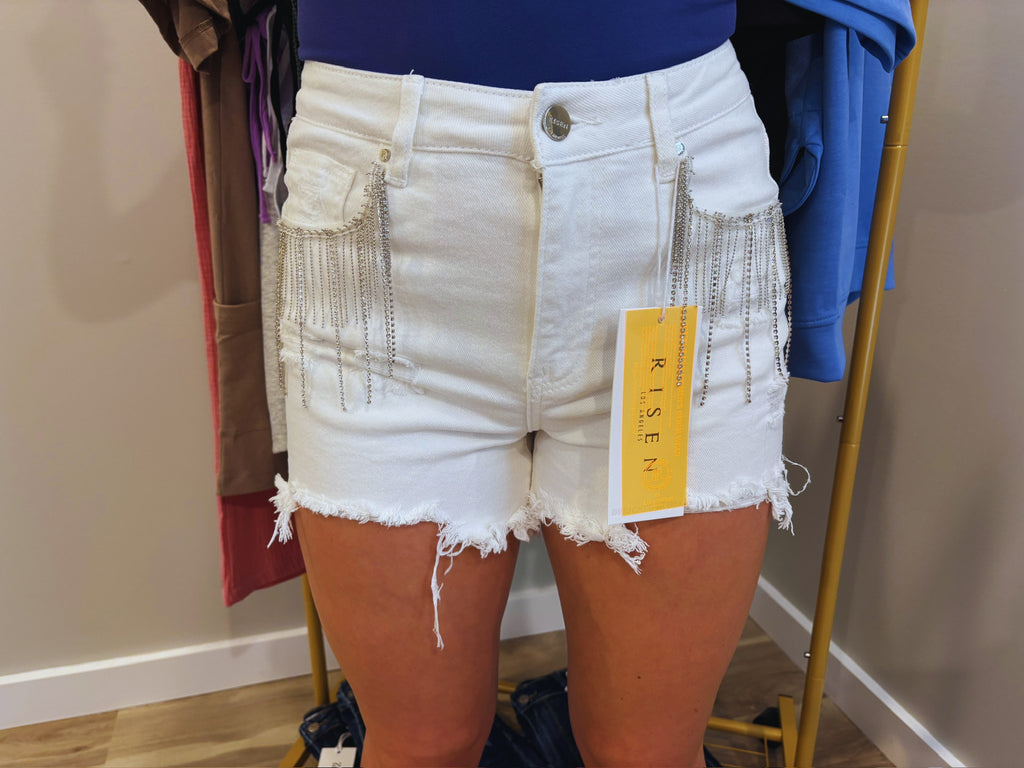 Risen Rhinestone High-Rise Shorts White