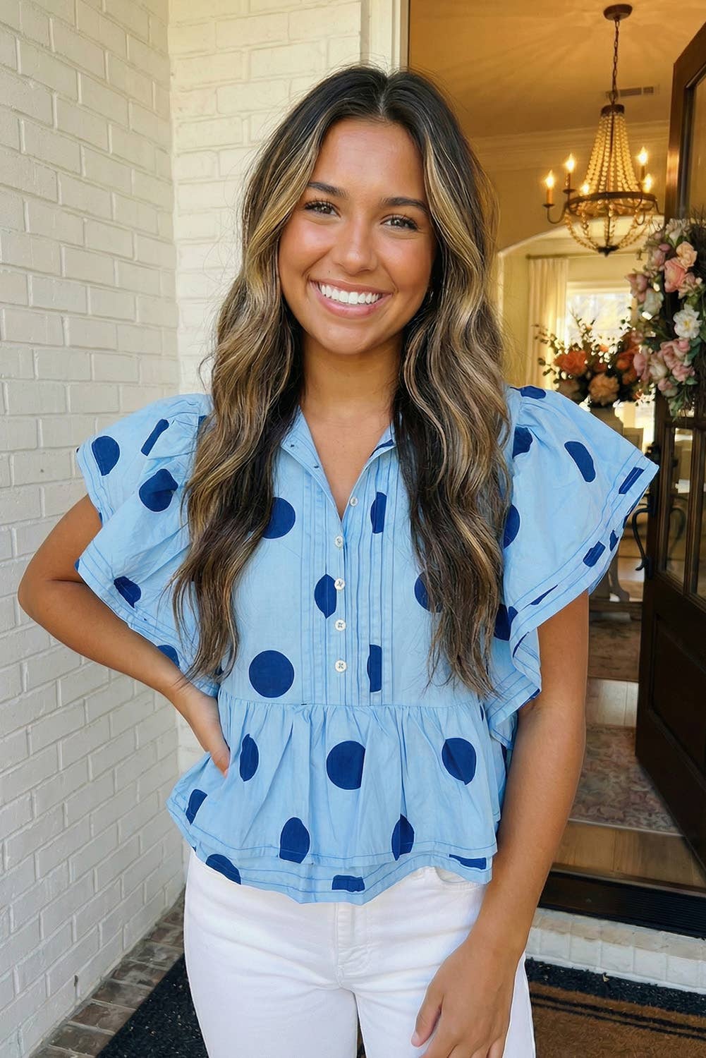 Polka Dot Ruffled Buttoned Collared Blouse