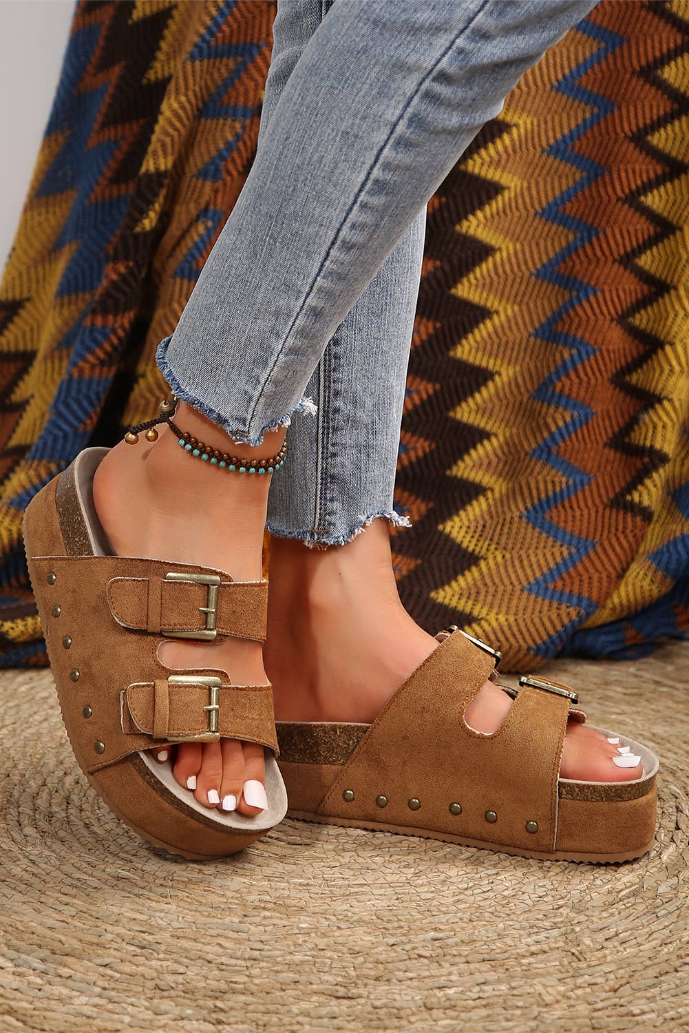 Suede Buckle Footbed Sandal Slippers