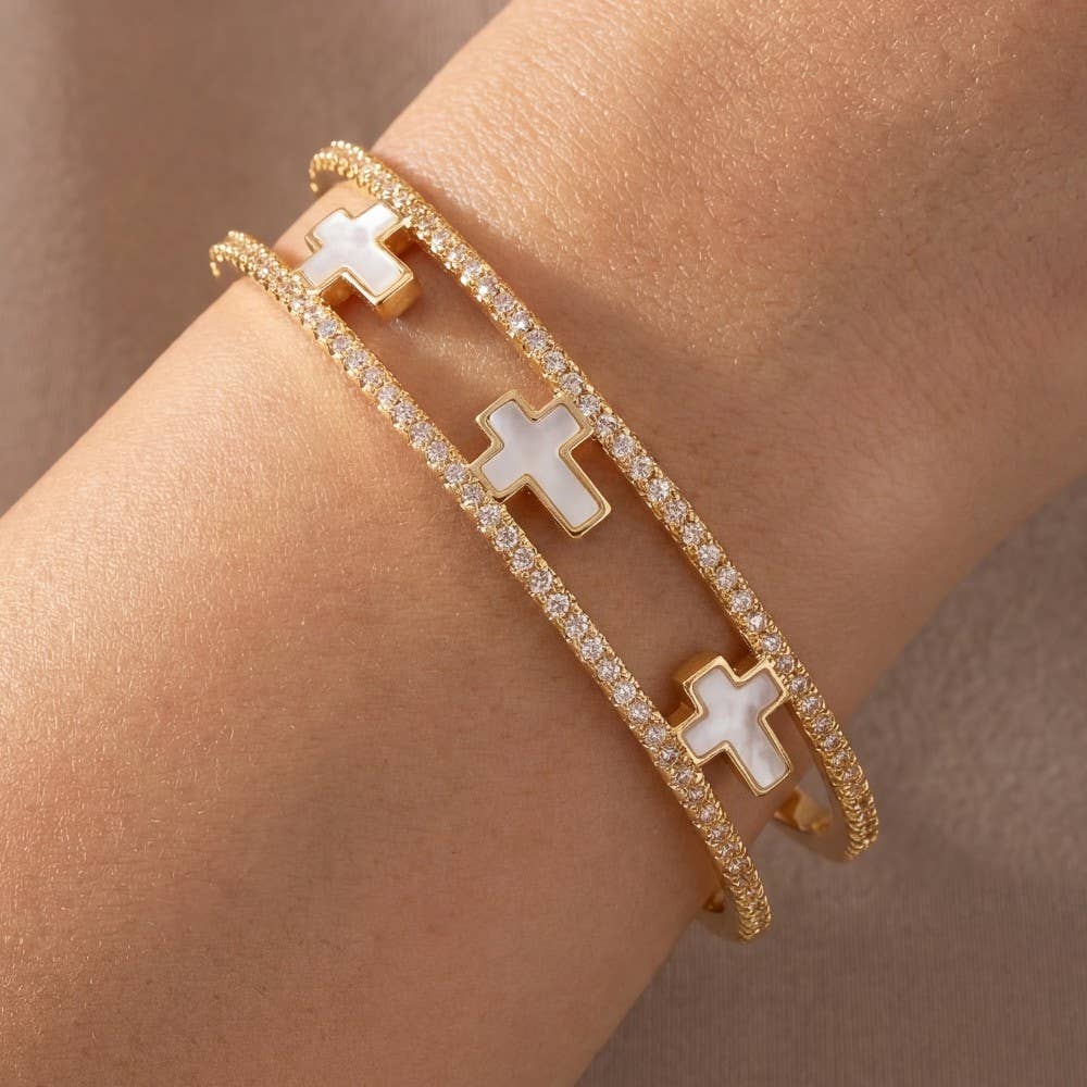 Pave Double Row Cross Cuff Bracelet