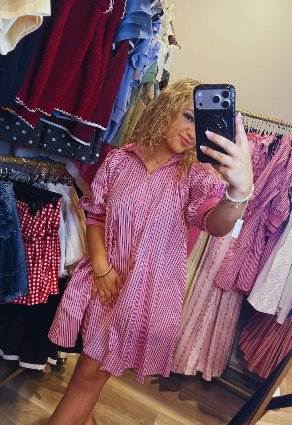 Striped Mock Neck Puff Sleeve Mini Dress