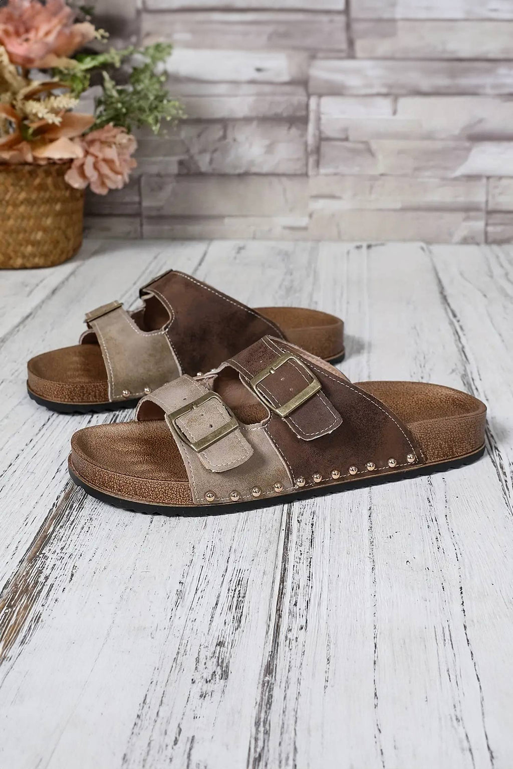 Western Suede Rivet Slip-On Sandals