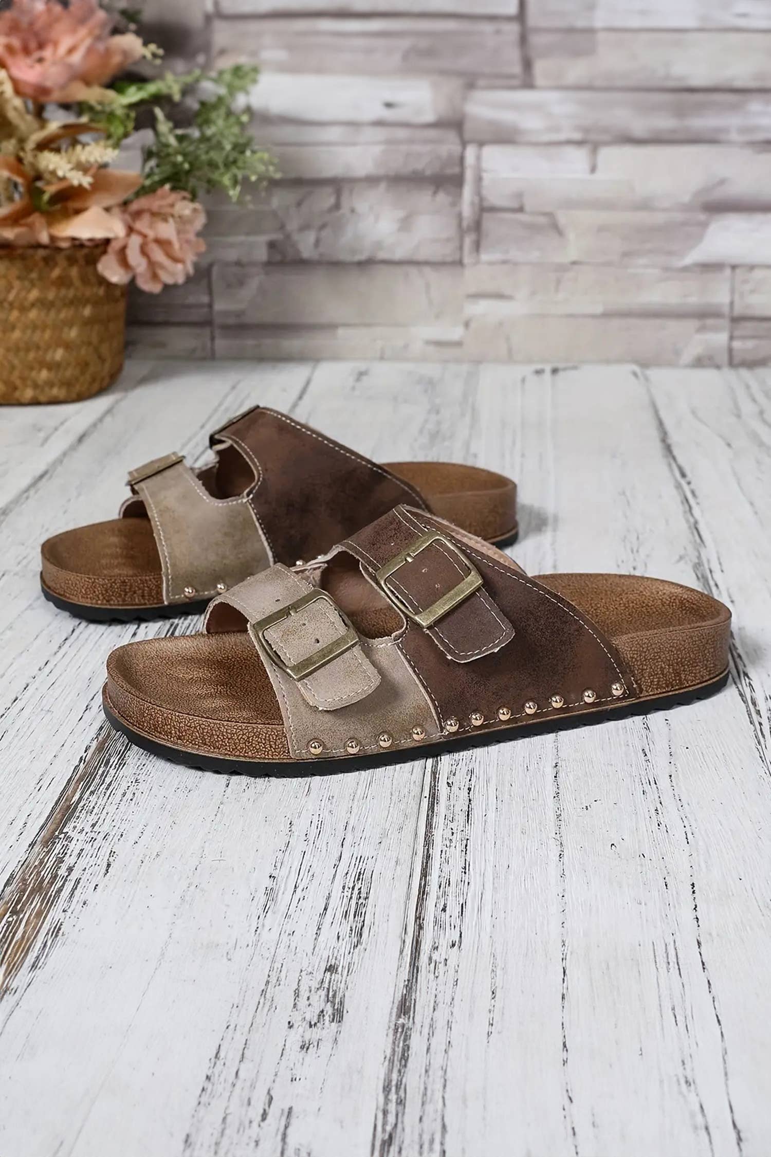 Western Suede Rivet Slip-On Sandals