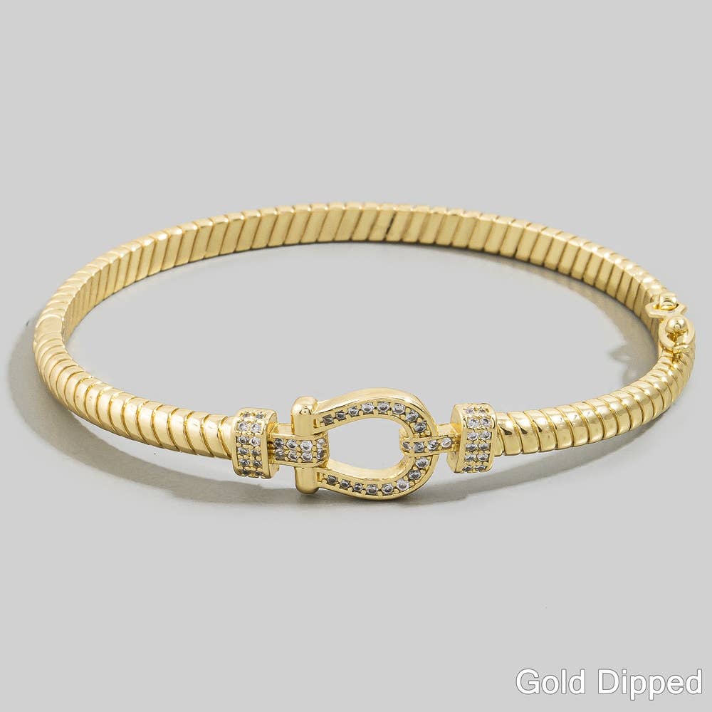 Pave Horseshoe Buckle Ribbed Bangle