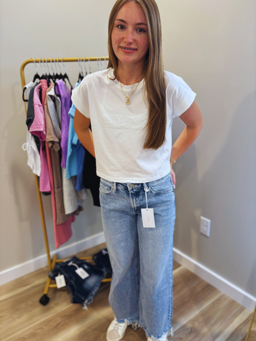 Vervet Mid Rise Frayed Hem Ankle Wide Leg Jeans