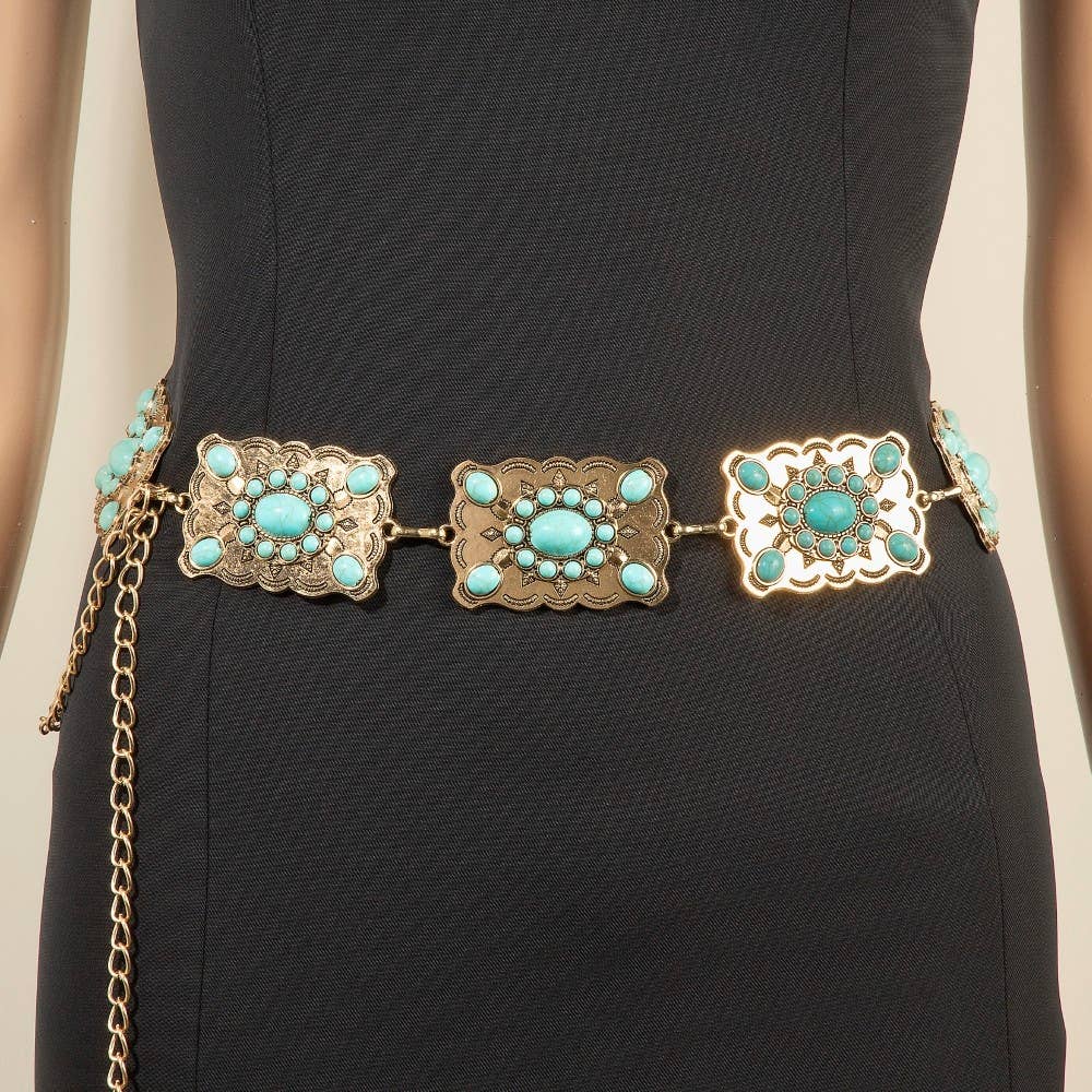 Western Turquoise Rectangle Concho Chain Belt