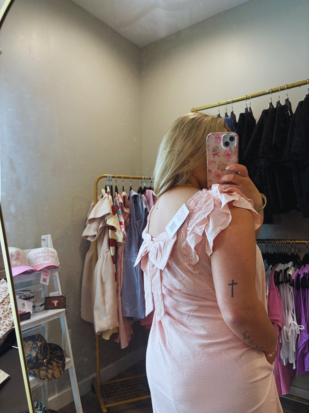 Textured Bow Back Flutter Sleeve Mini Dress