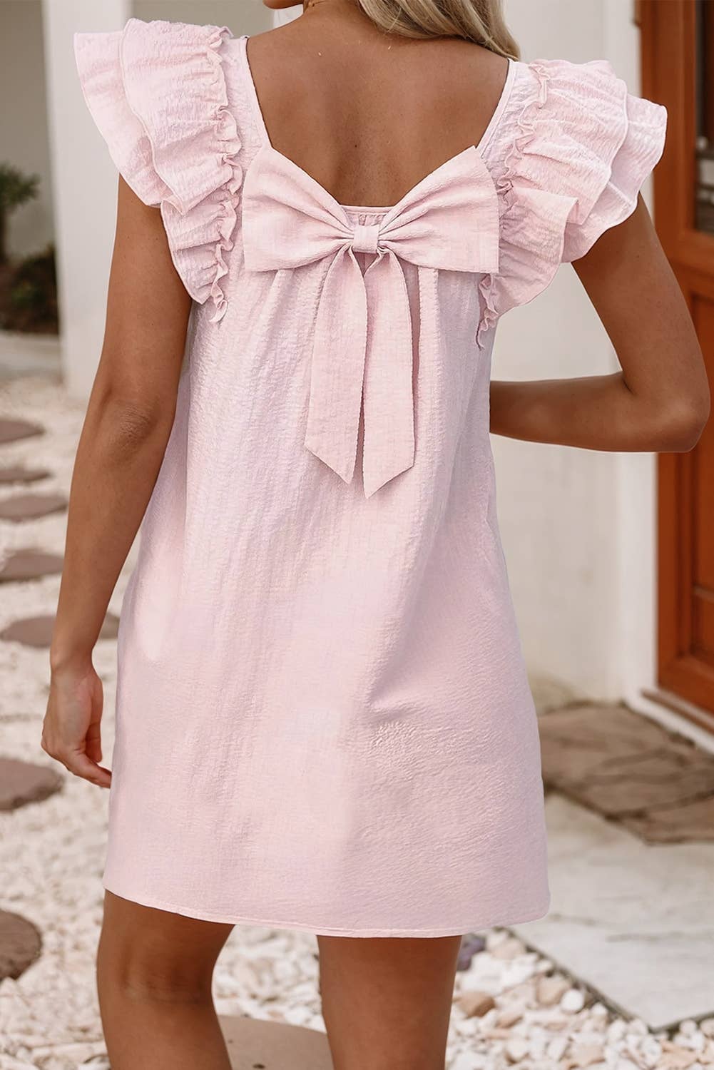 Textured Bow Back Flutter Sleeve Mini Dress