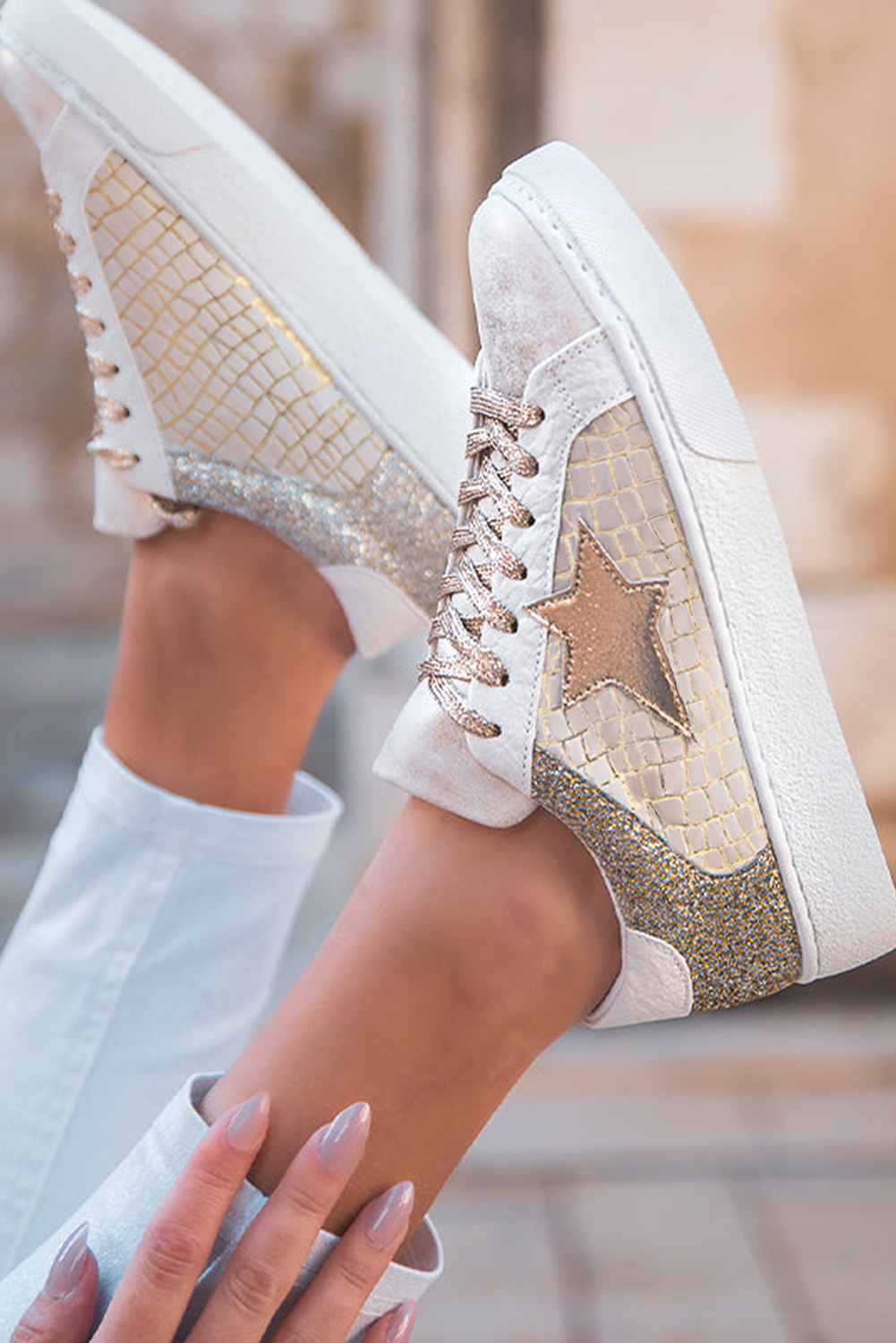 Glitter Star Patchwork Lace-up Sneakers