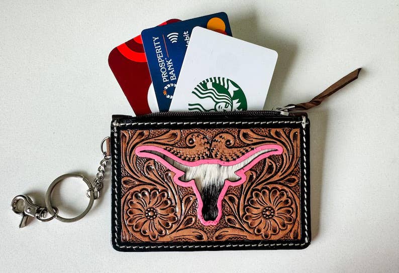 Tooled Leather Keychain Wallet Thunderbird Longhorn Bow Hat