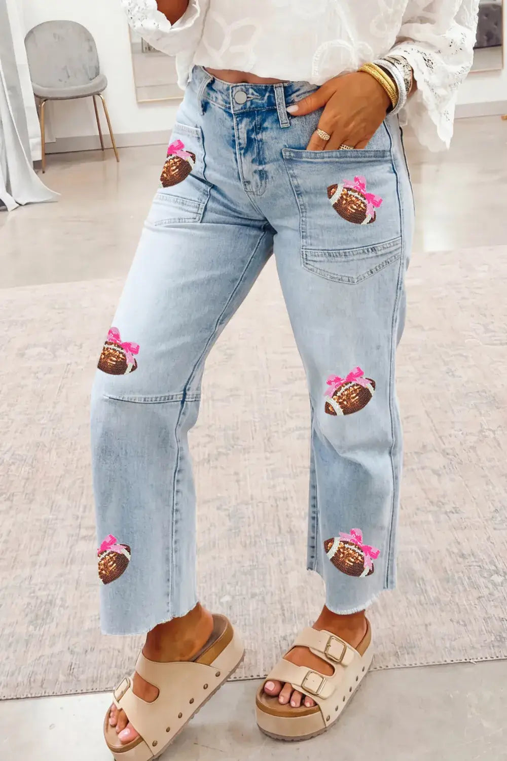 Sequin Football Bow Cropped Jeans