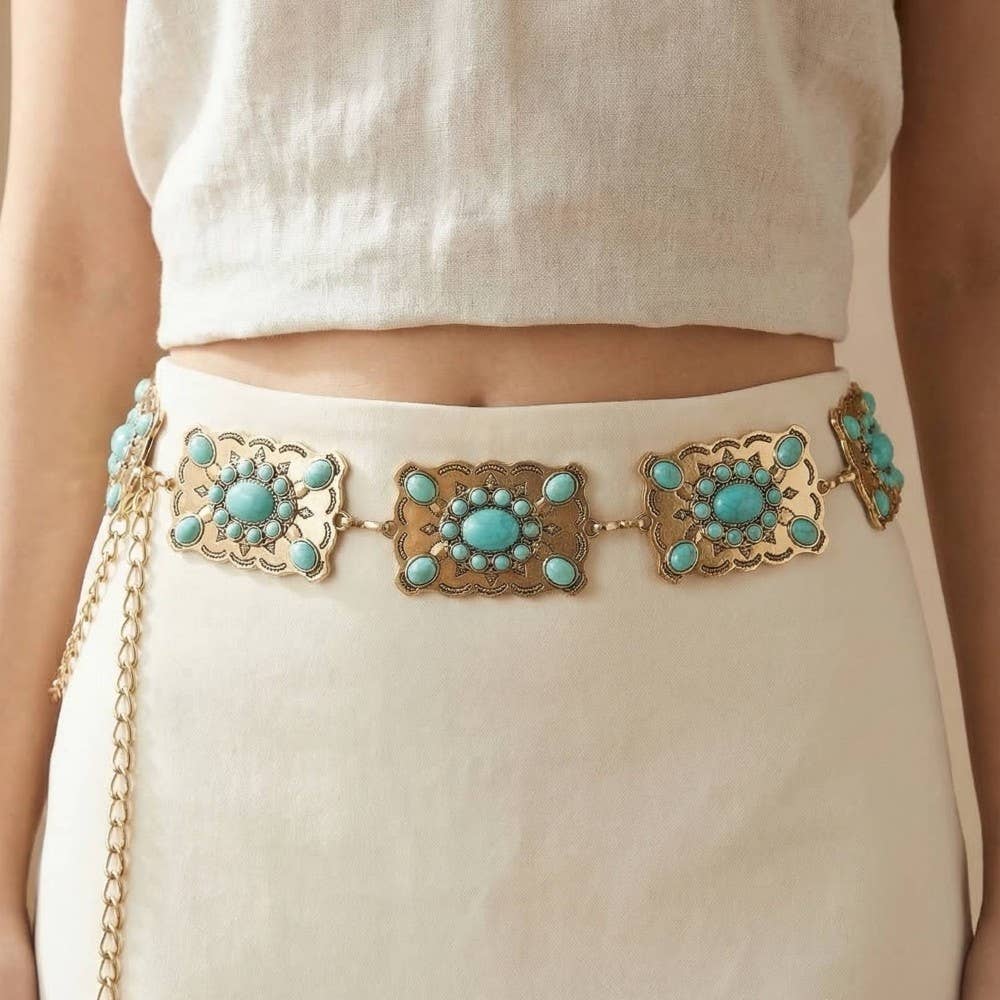 Western Turquoise Rectangle Concho Chain Belt