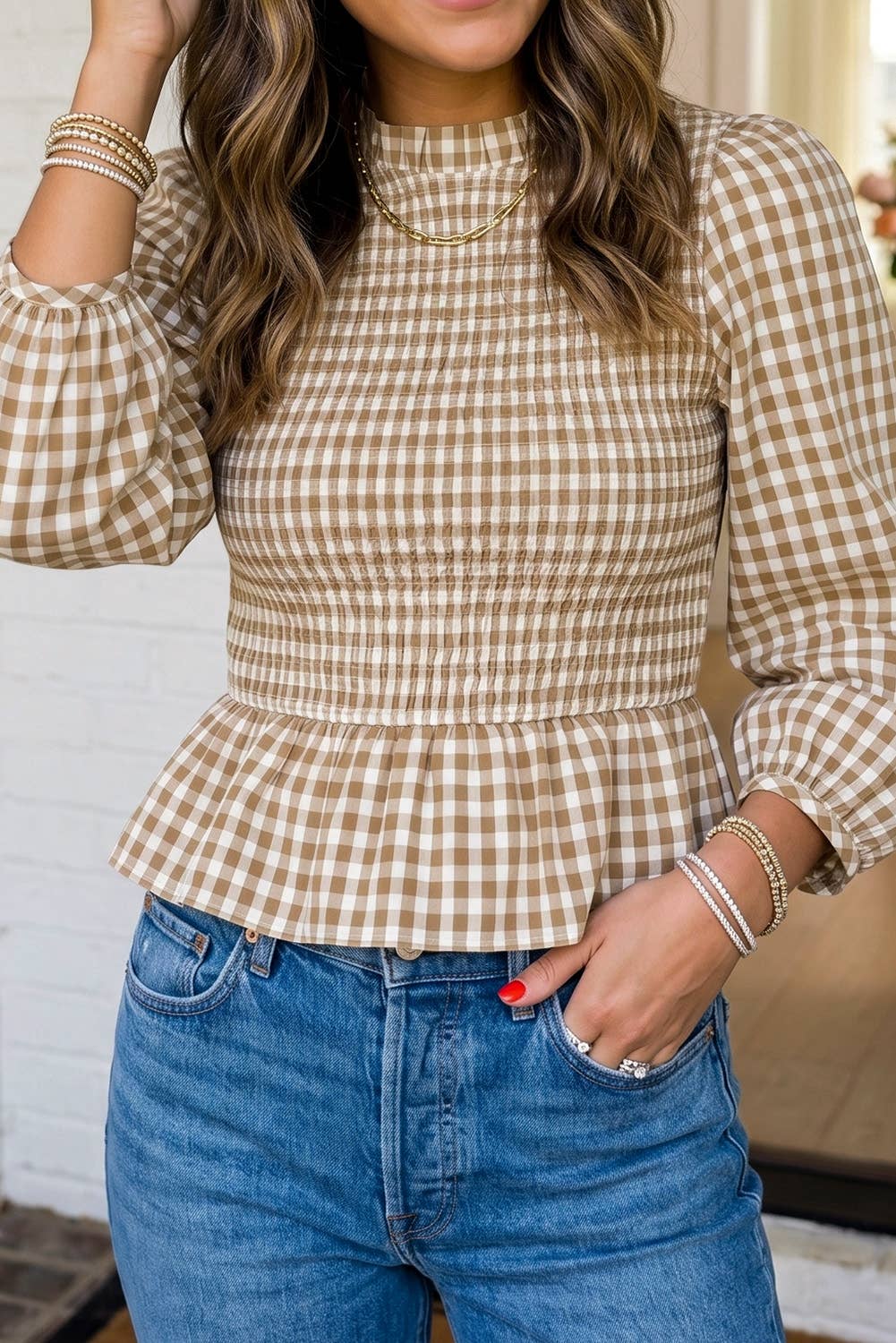 Plaid Smocked Bubble Sleeve Blouse
