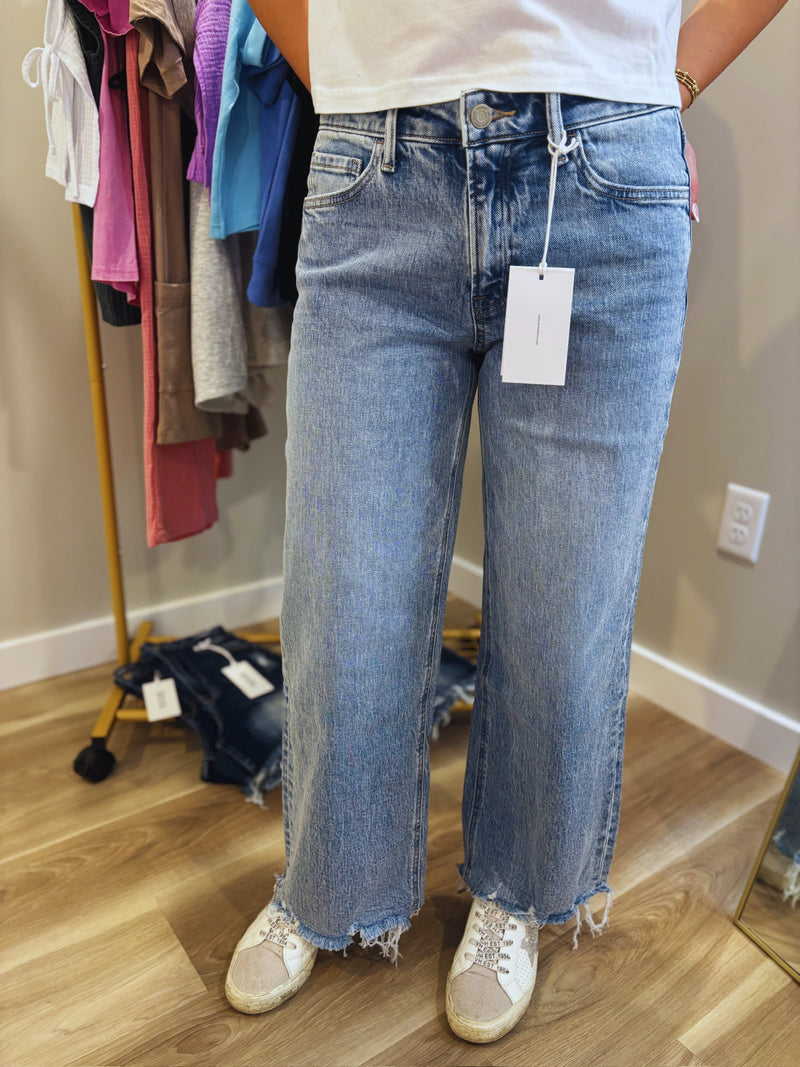 Vervet Mid Rise Frayed Hem Ankle Wide Leg Jeans