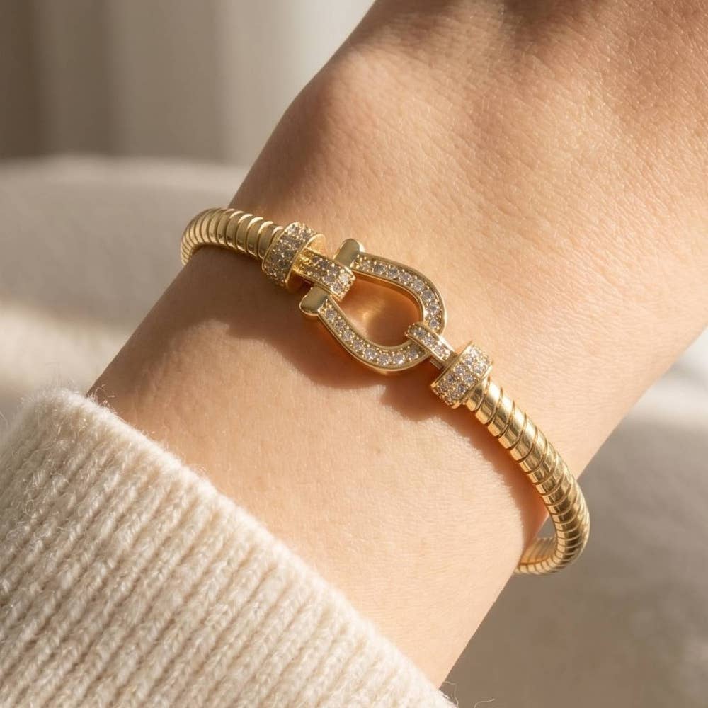 Pave Horseshoe Buckle Ribbed Bangle
