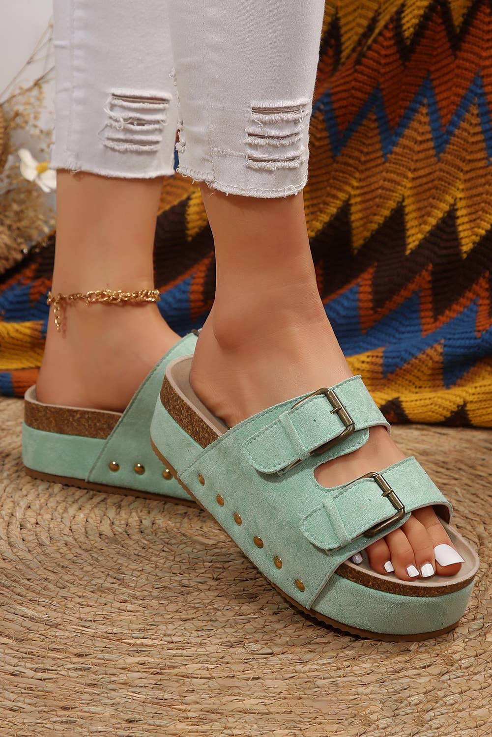Suede Buckle Footbed Sandal Slippers