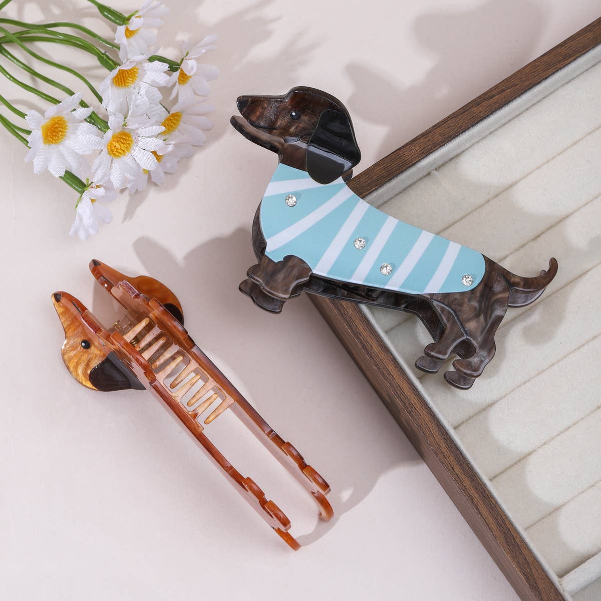 Bow & Stripe Dachshund Hair Claw Clip