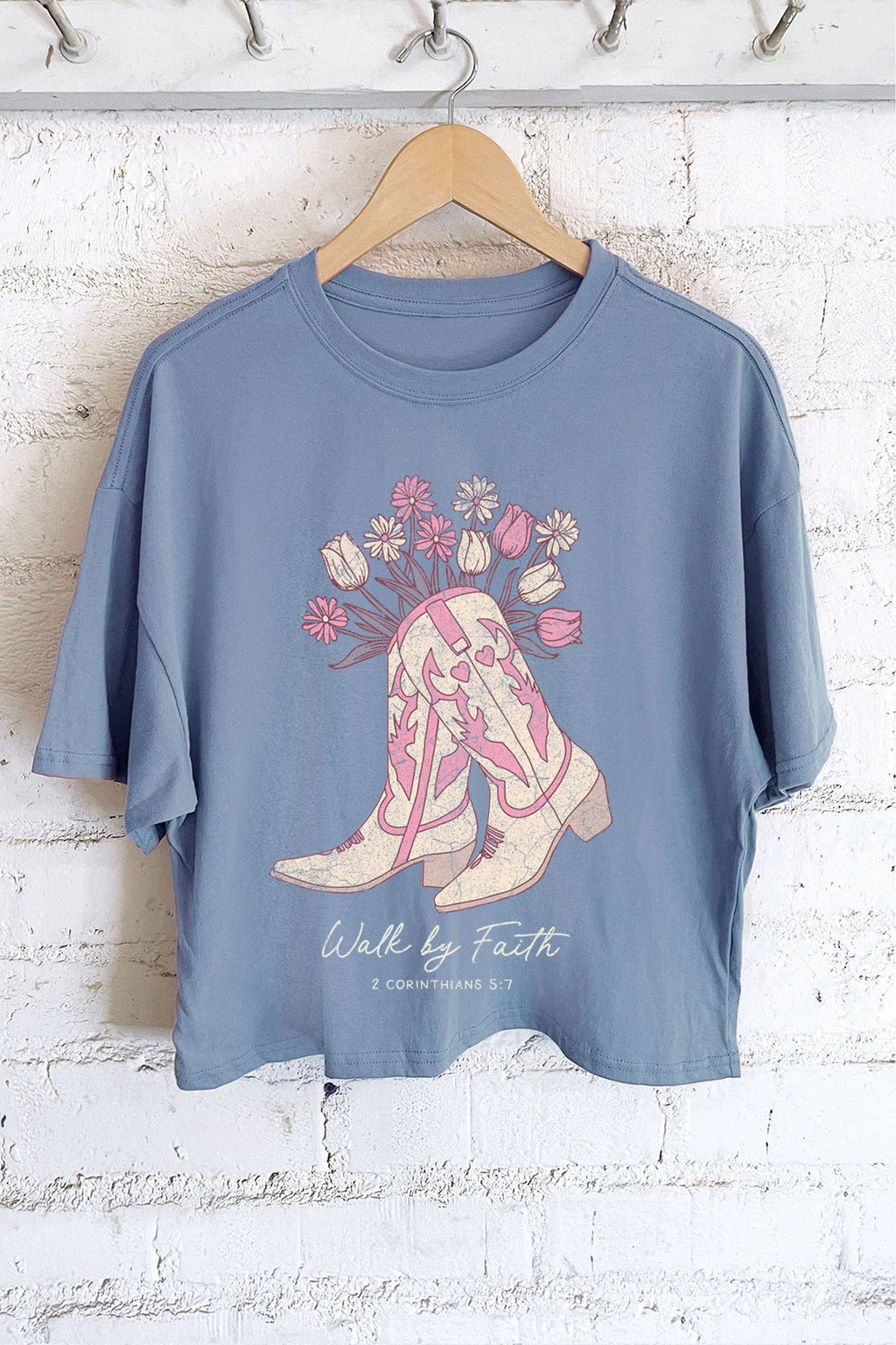 Walk By Faith Flower Boots Graphic Crop Tee – Blue