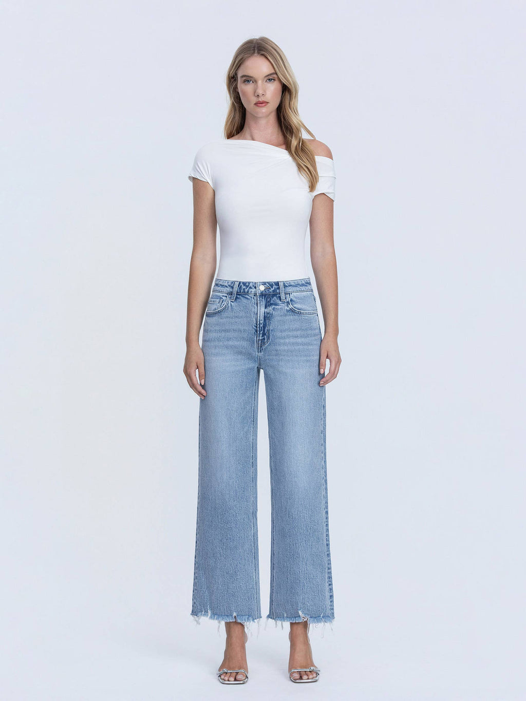 Vervet Mid Rise Frayed Hem Ankle Wide Leg Jeans