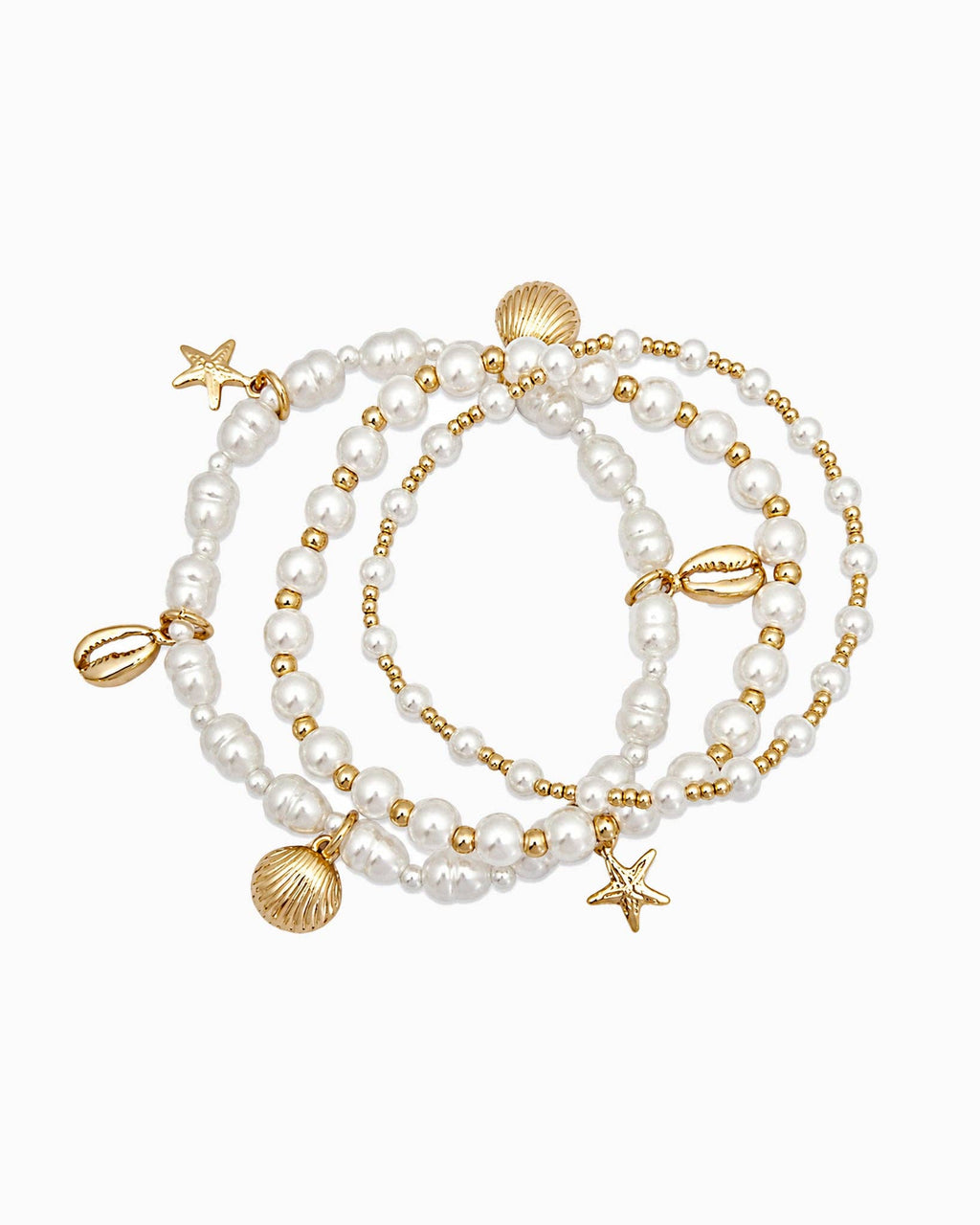 Coastal Stackable Shell Starfish Pearl Stretch Bracelet Set