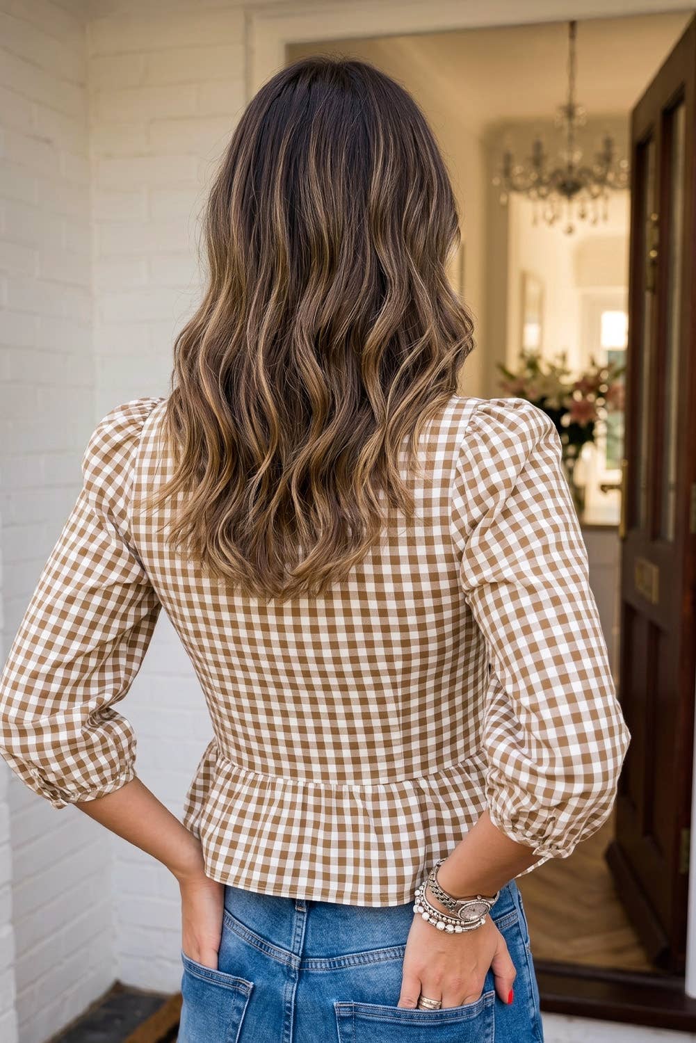 Plaid Smocked Bubble Sleeve Blouse