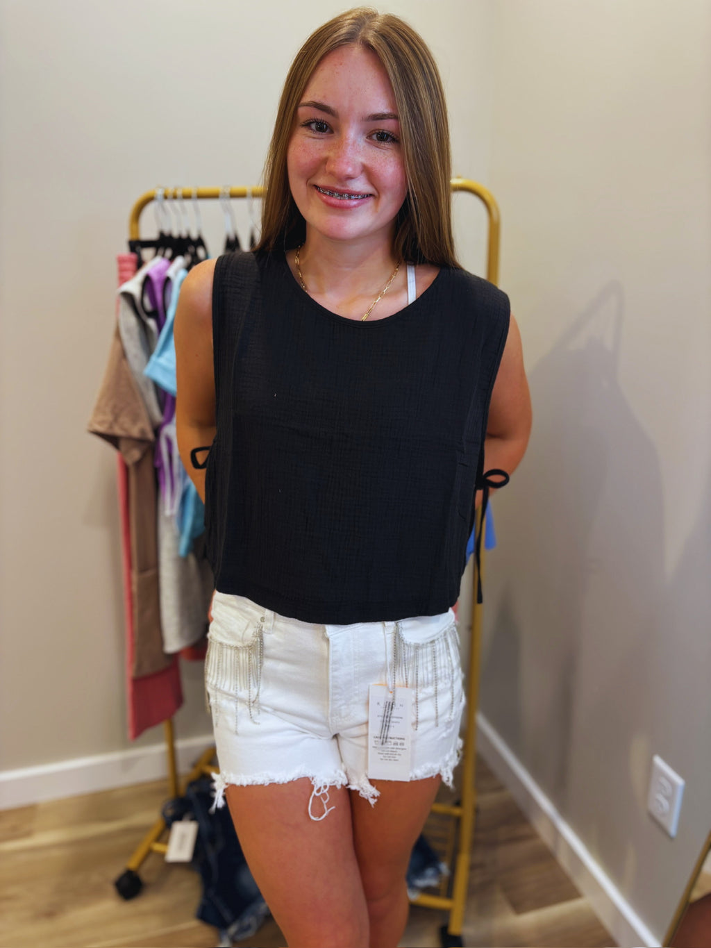 Risen Rhinestone High-Rise Shorts White