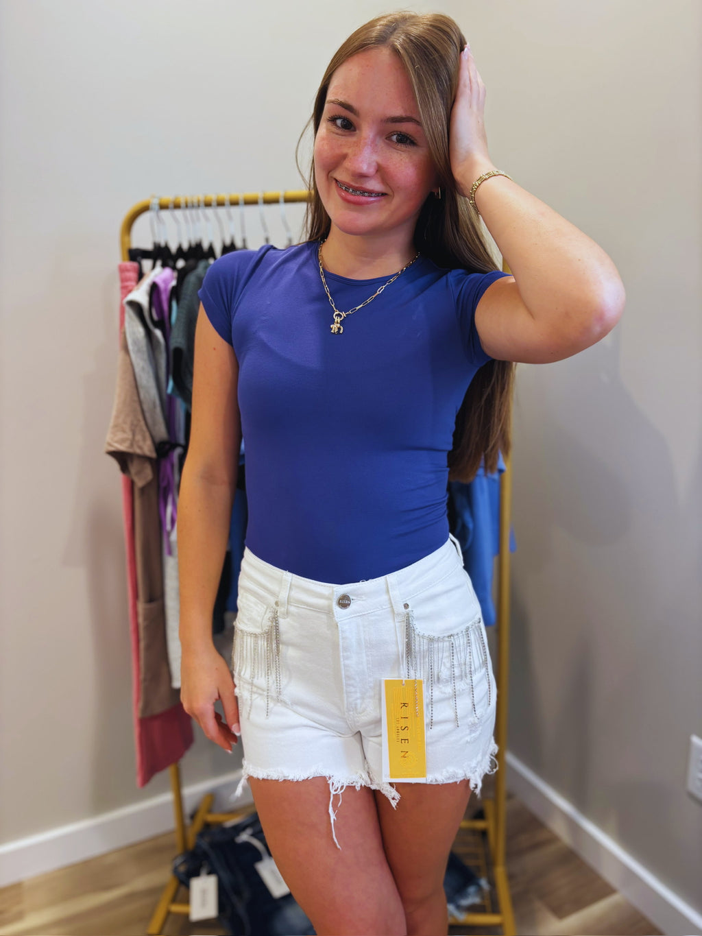 Risen Rhinestone High-Rise Shorts White