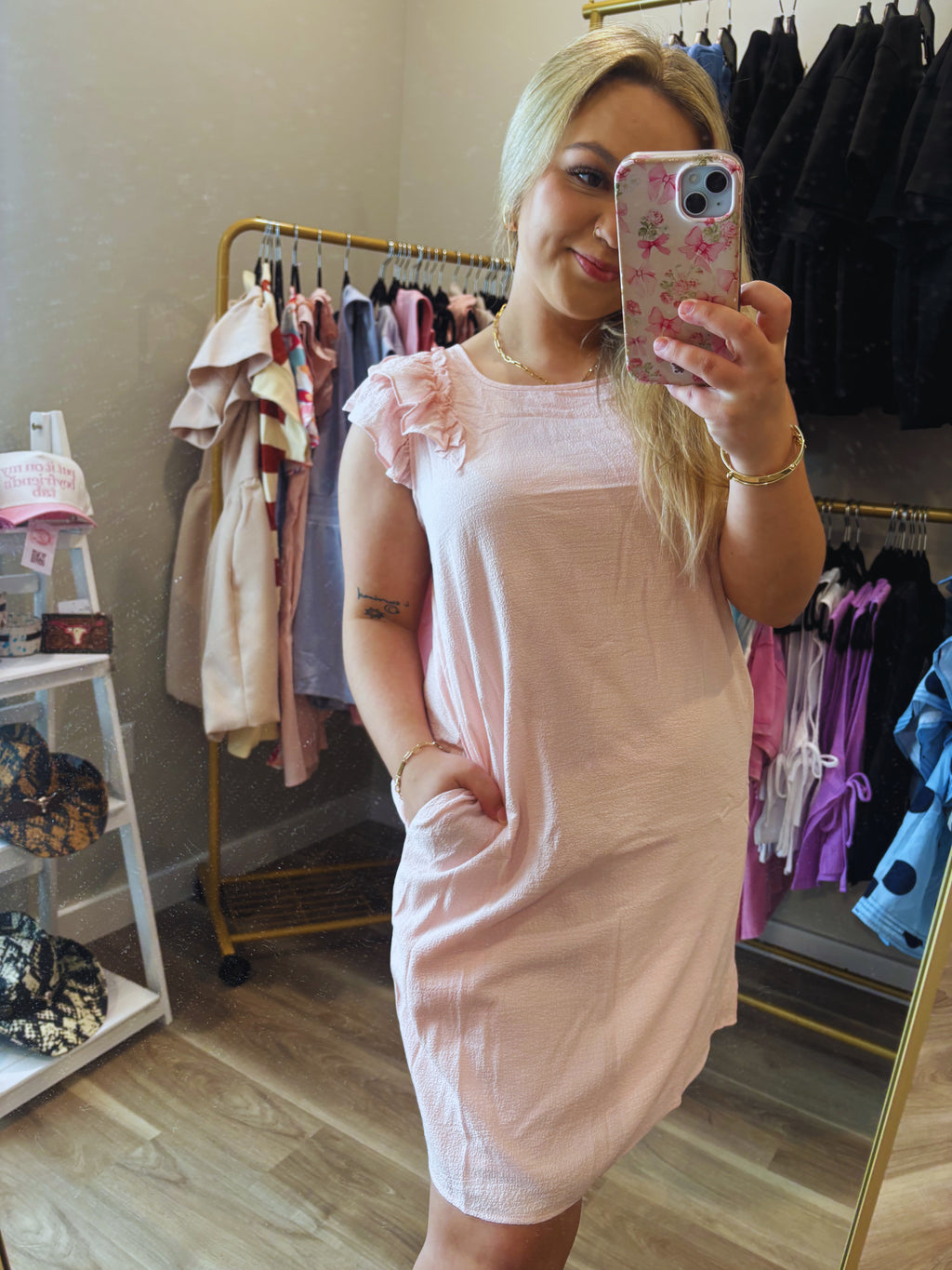 Textured Bow Back Flutter Sleeve Mini Dress