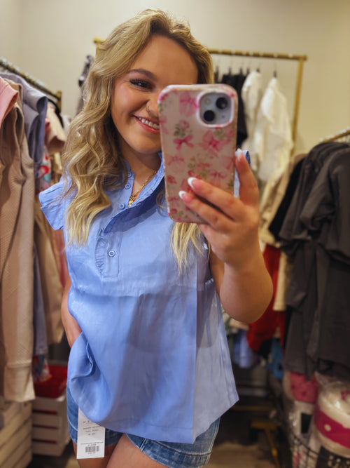 Blue Skies Ruffle Neck Top