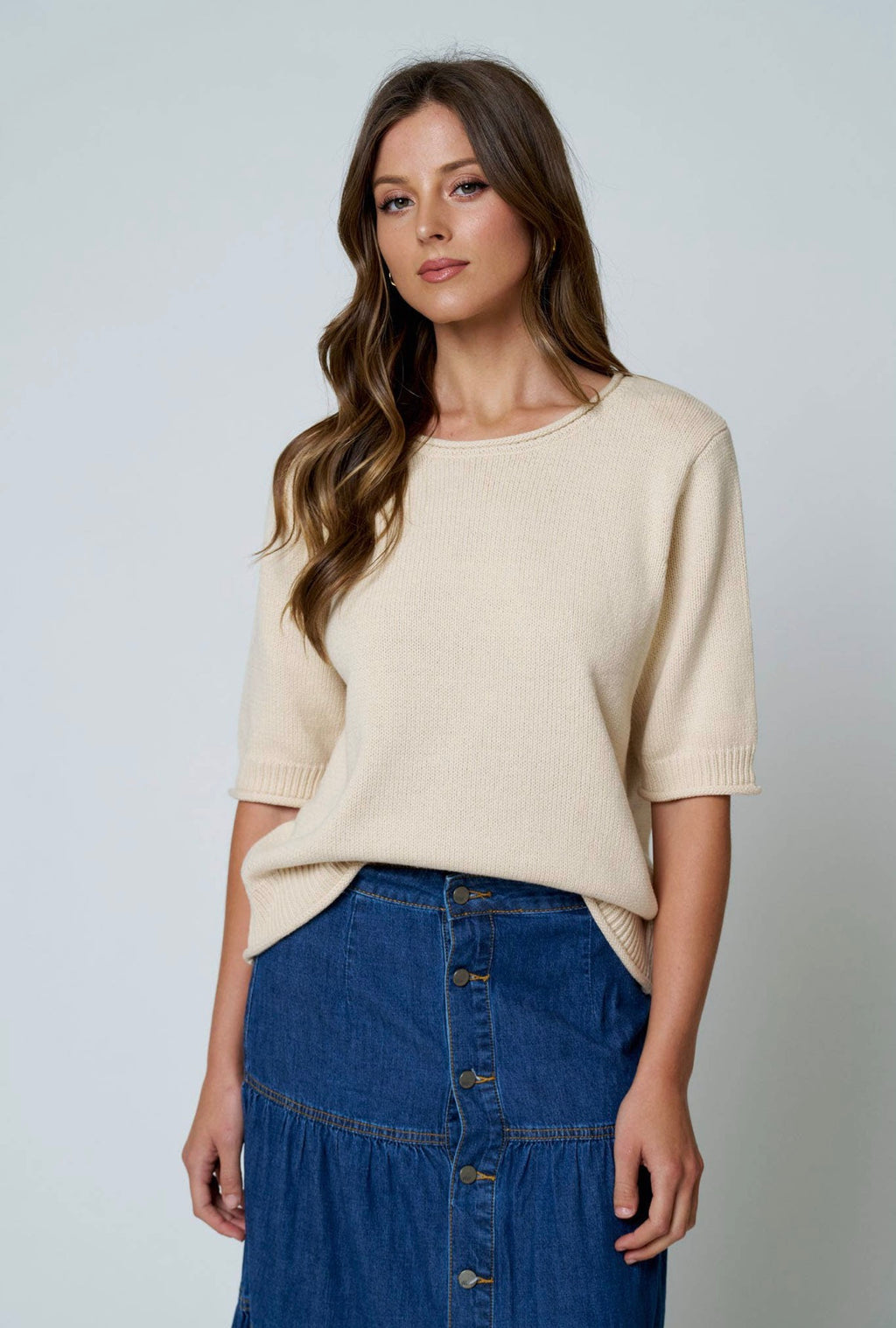 Raw Edge Half Sleeve Sweater Knit Top