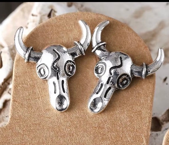 Silver Steer Skull Stud Earrings