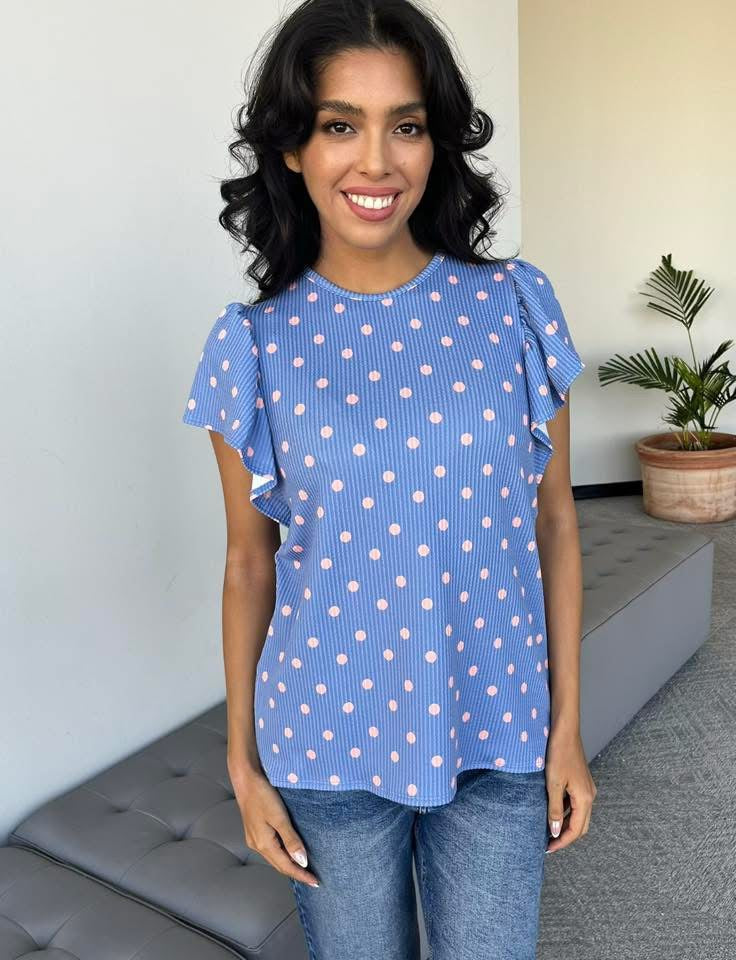 Cotton Candy Dot Ruffle Sleeve Top