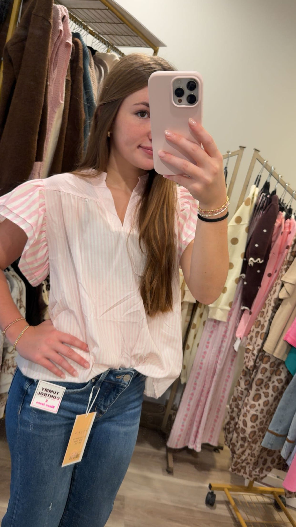 Stripe Contrast V Neck Flutter Sleeve Blouse