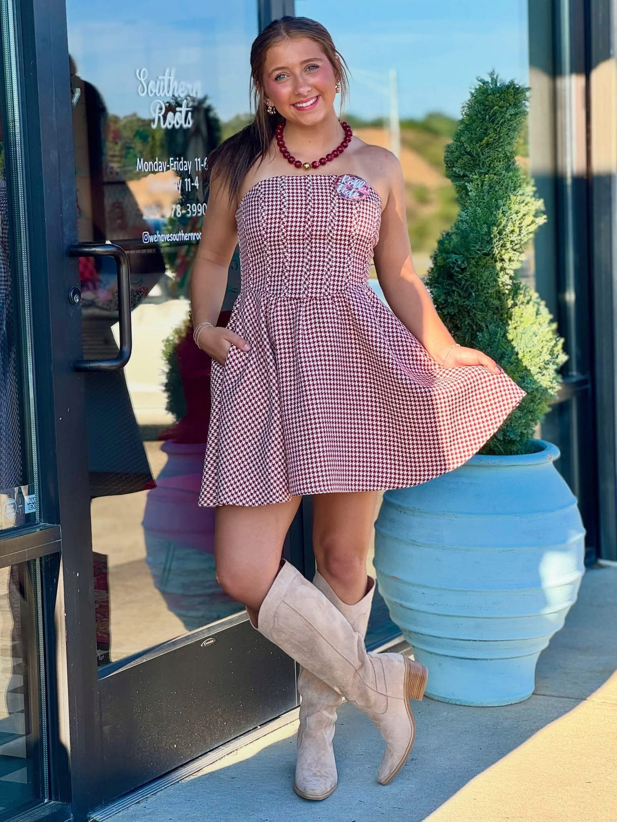 Crimson & Ivory Houndstooth Strapless Dress