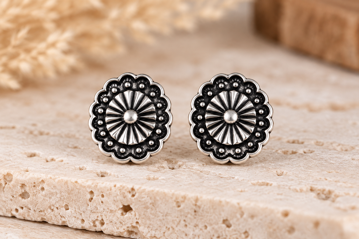 Silver Western Concho Stud Earrings