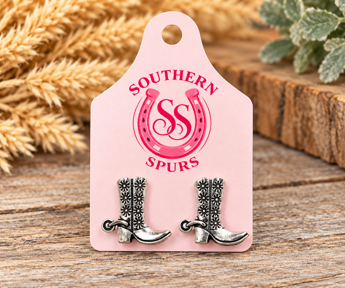 Silver Floral Cowboy Boot Stud Earrings