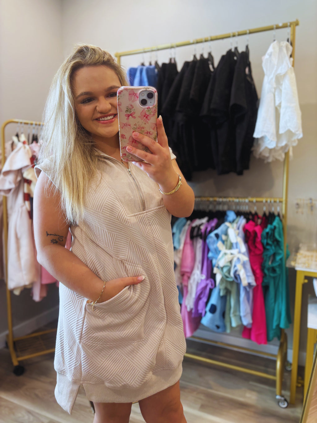 Blush Breeze Zip Pullover Dress Tan